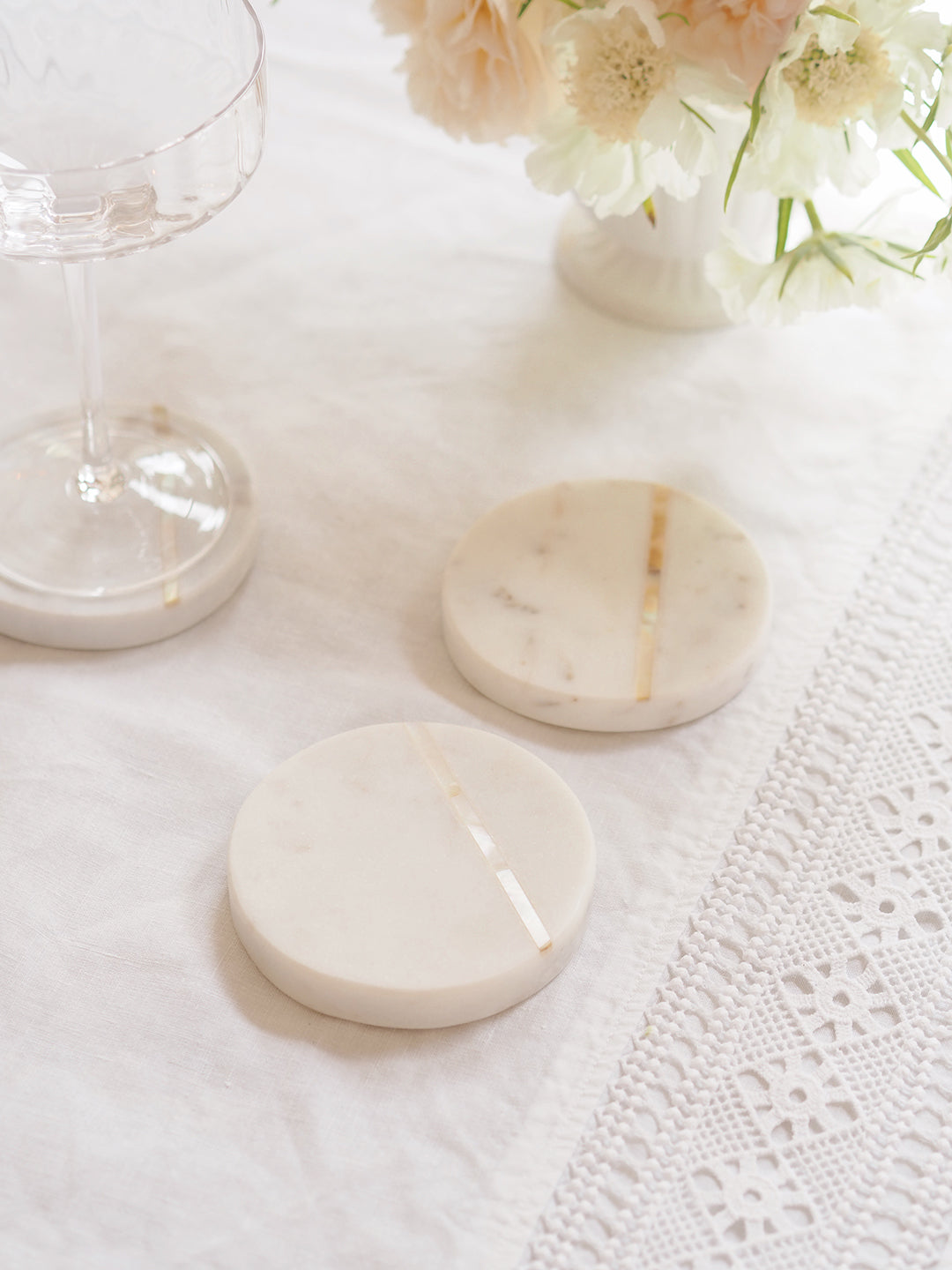 Natural Marble with Brass Coasters(2)