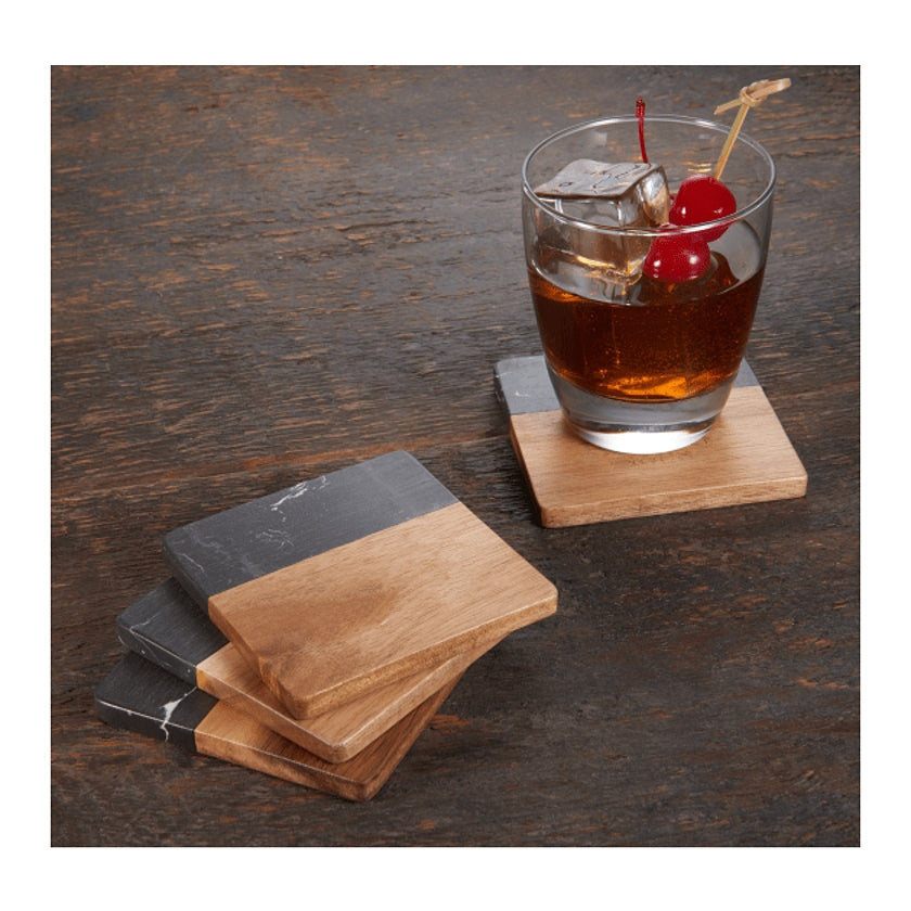 Natural Black Marble & Acacia Wood 4 Coasters